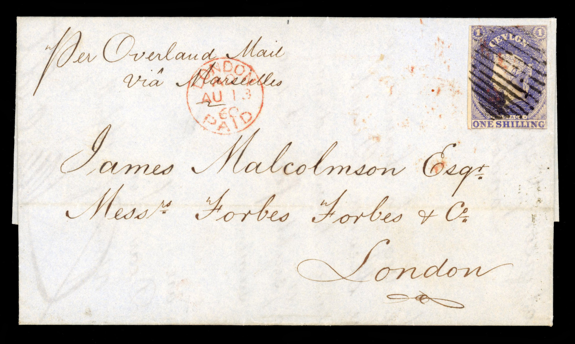 Ceylon 1860 cover to London franked with 1857-59 1s slate-violet tied by barred obliterator