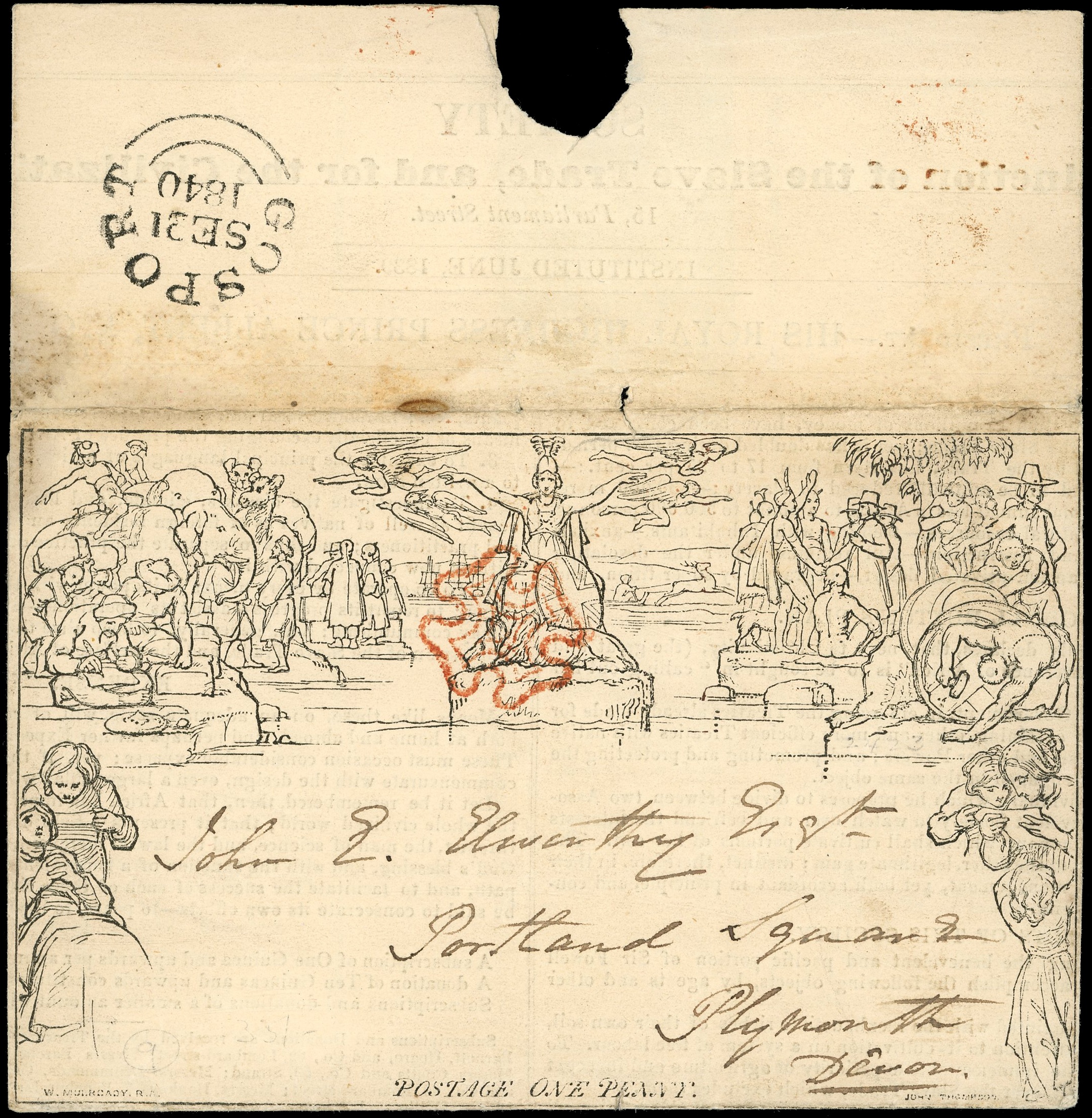 1840 Mulready 1d wrapper Form 3, Stereo A34 with printed notice
