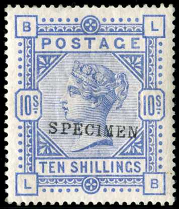 1884 10s cobalt (White paper). Very fine large part o.g. example lettered LB, overprinted "SPECIMEN" type 9. Very rarely...