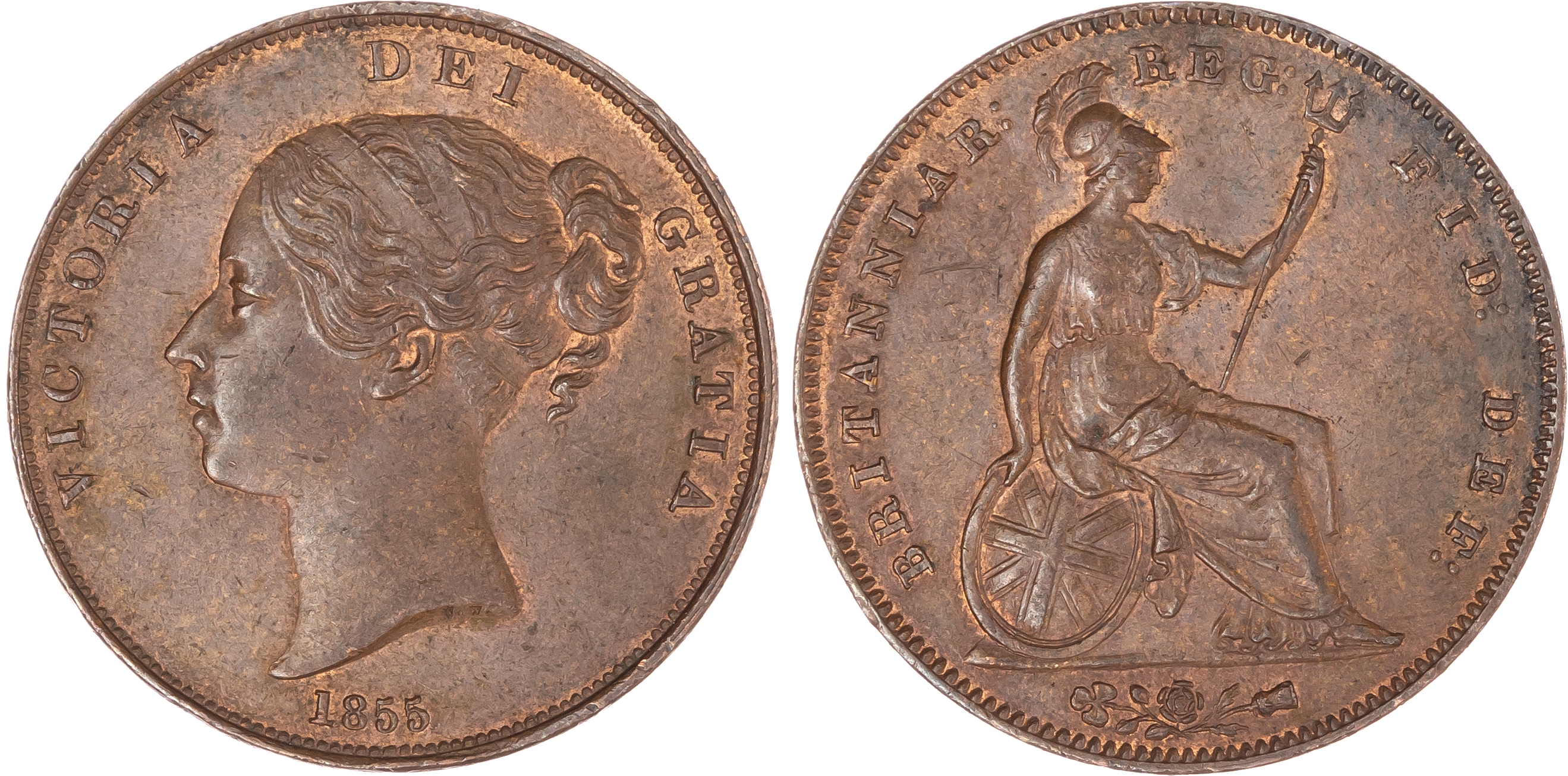 Victoria (1837-1901), Penny, 1855, plain trident, young head left date below, legend surrounds VICTORIA DEI GRATIA, w.w. on