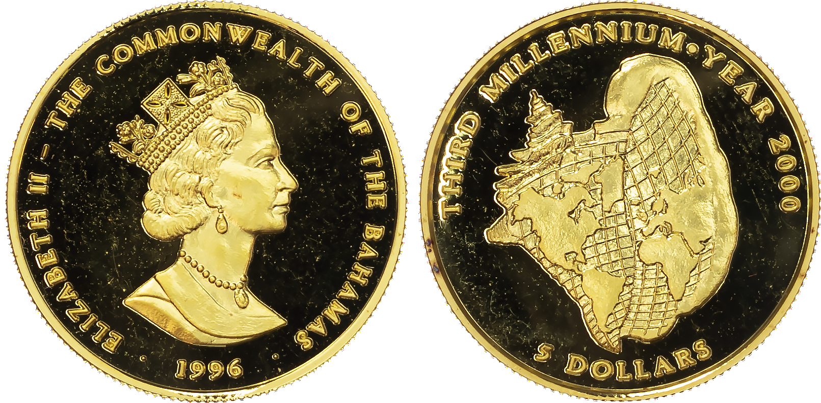 Bahamas, Elizabeth II (1952-2022), gold Proof 5 Dollars, 1996