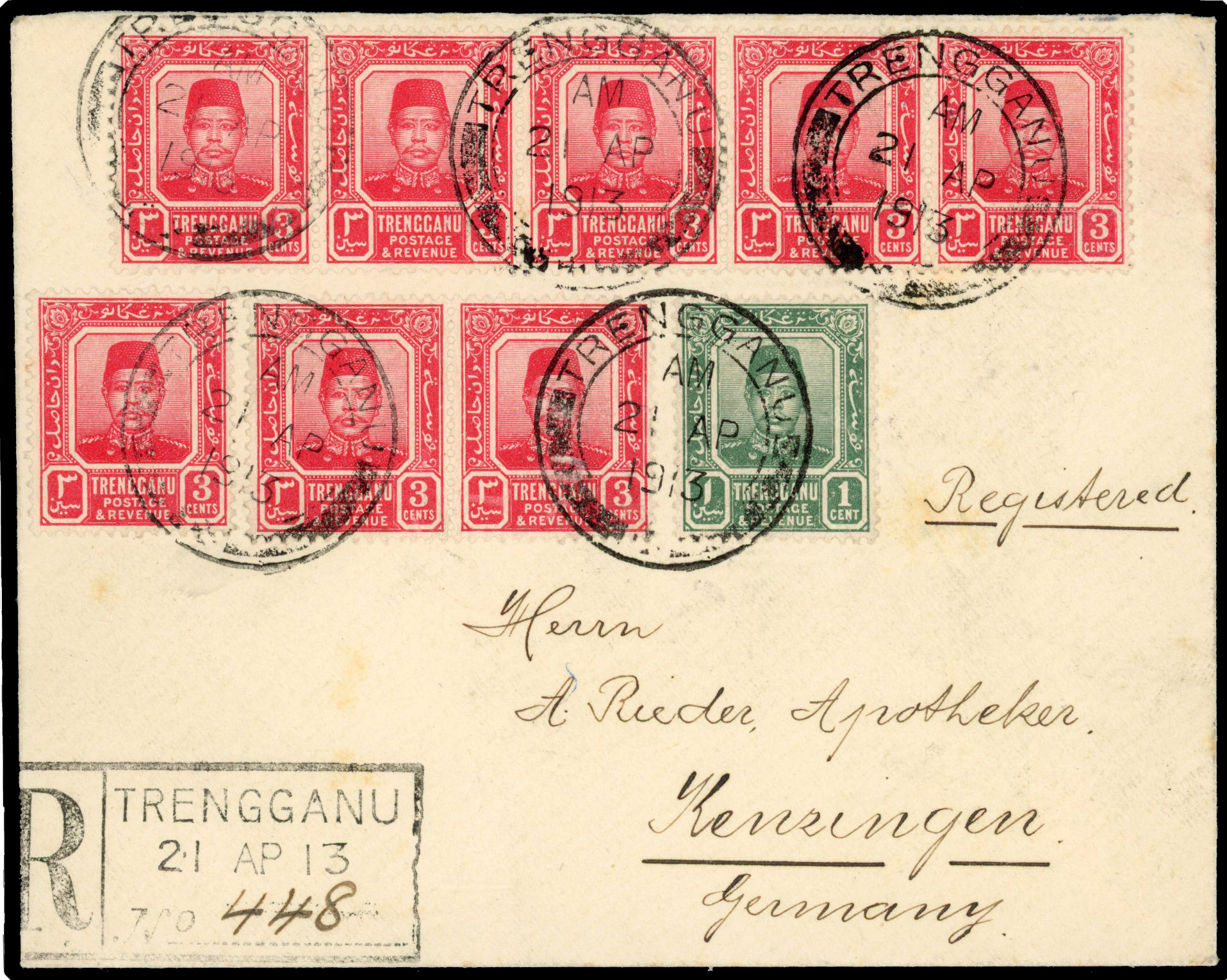 Malaya Trengganu 1913 registered cover to Germany