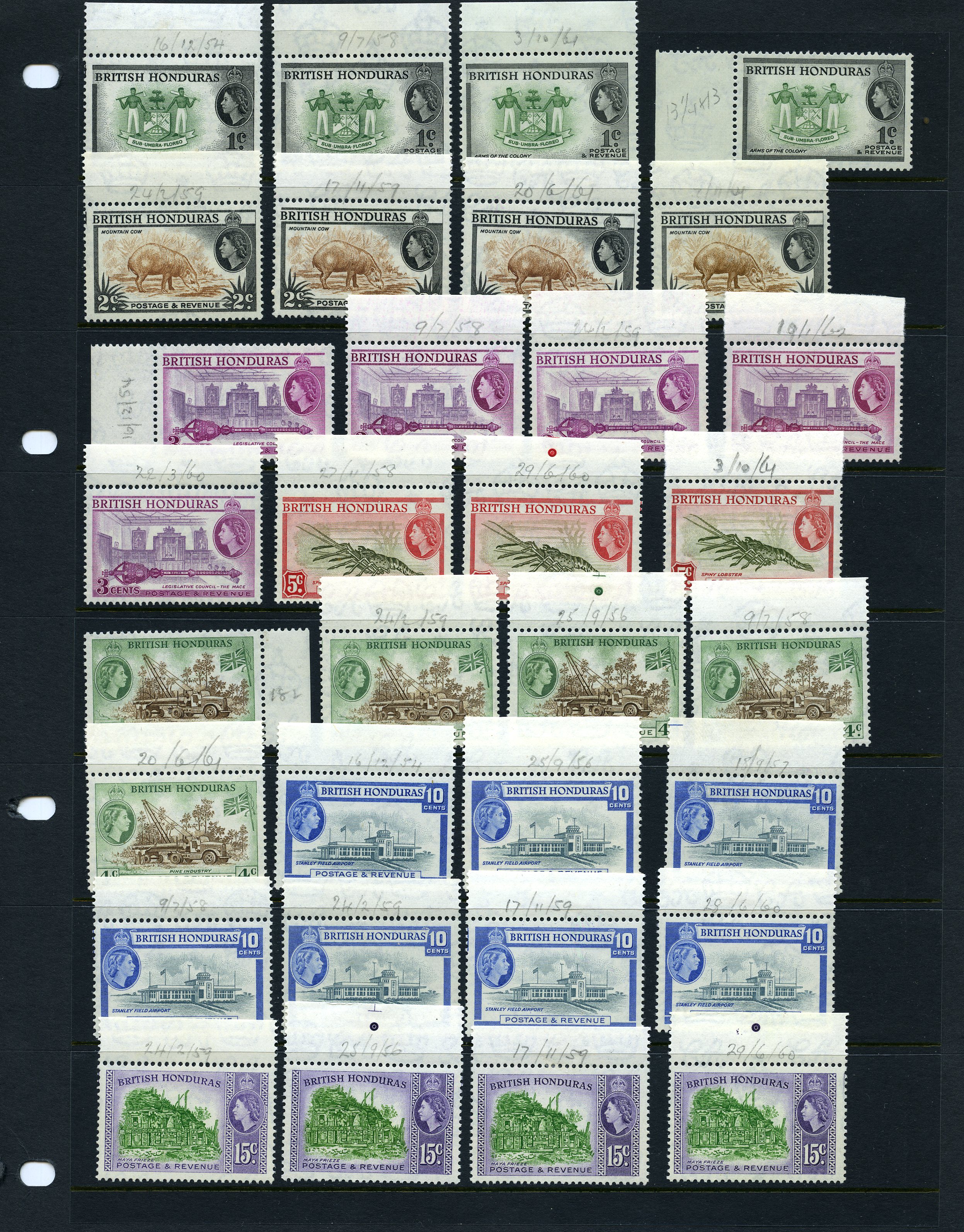 British Honduras 1953-60 set single stamps with printing...