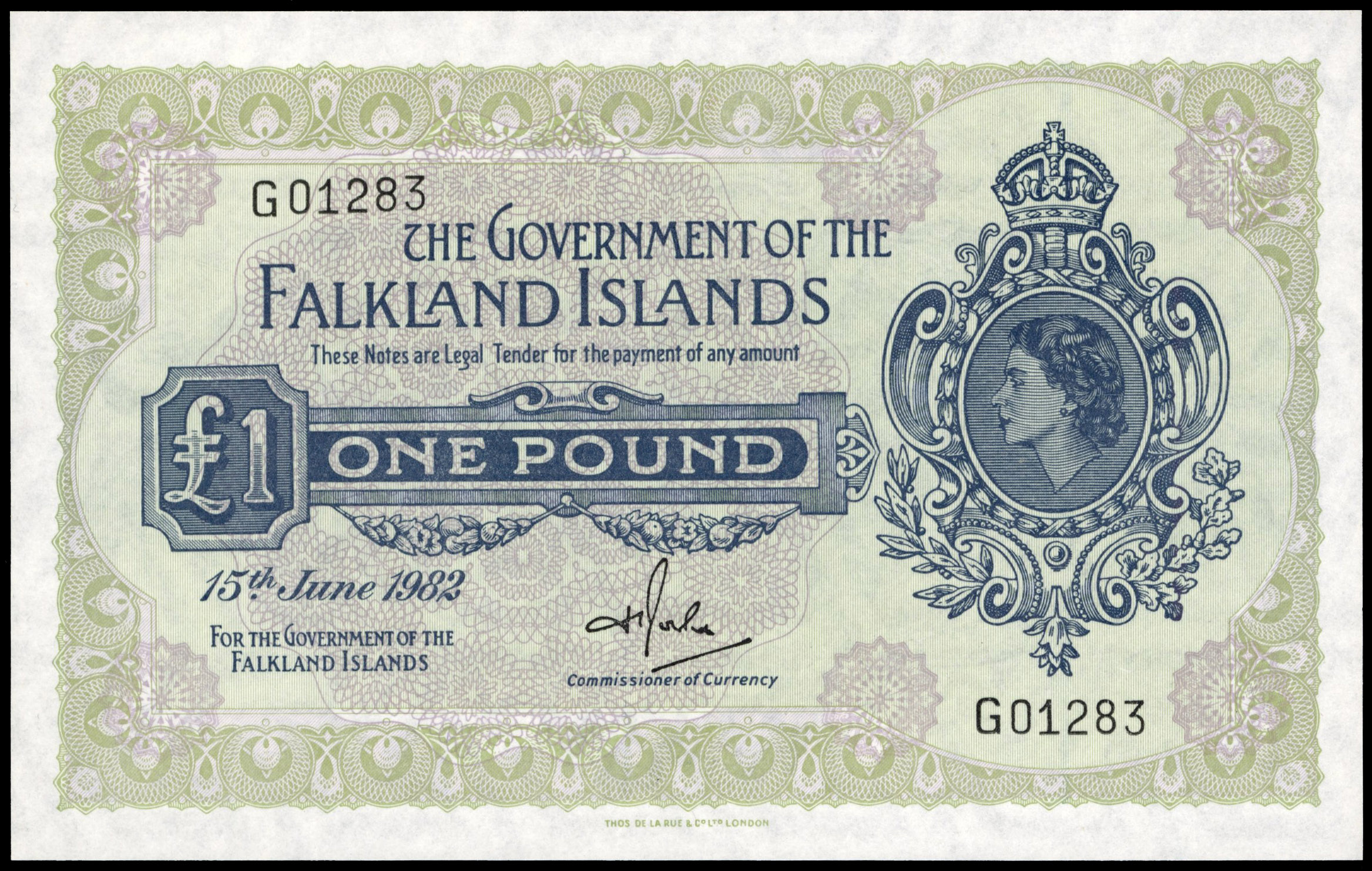 Falkland Islands, Government, One Pound, 15 June 1982, G 01283 signature of H.T. Rowlands, (Pick 8d). Uncircul…