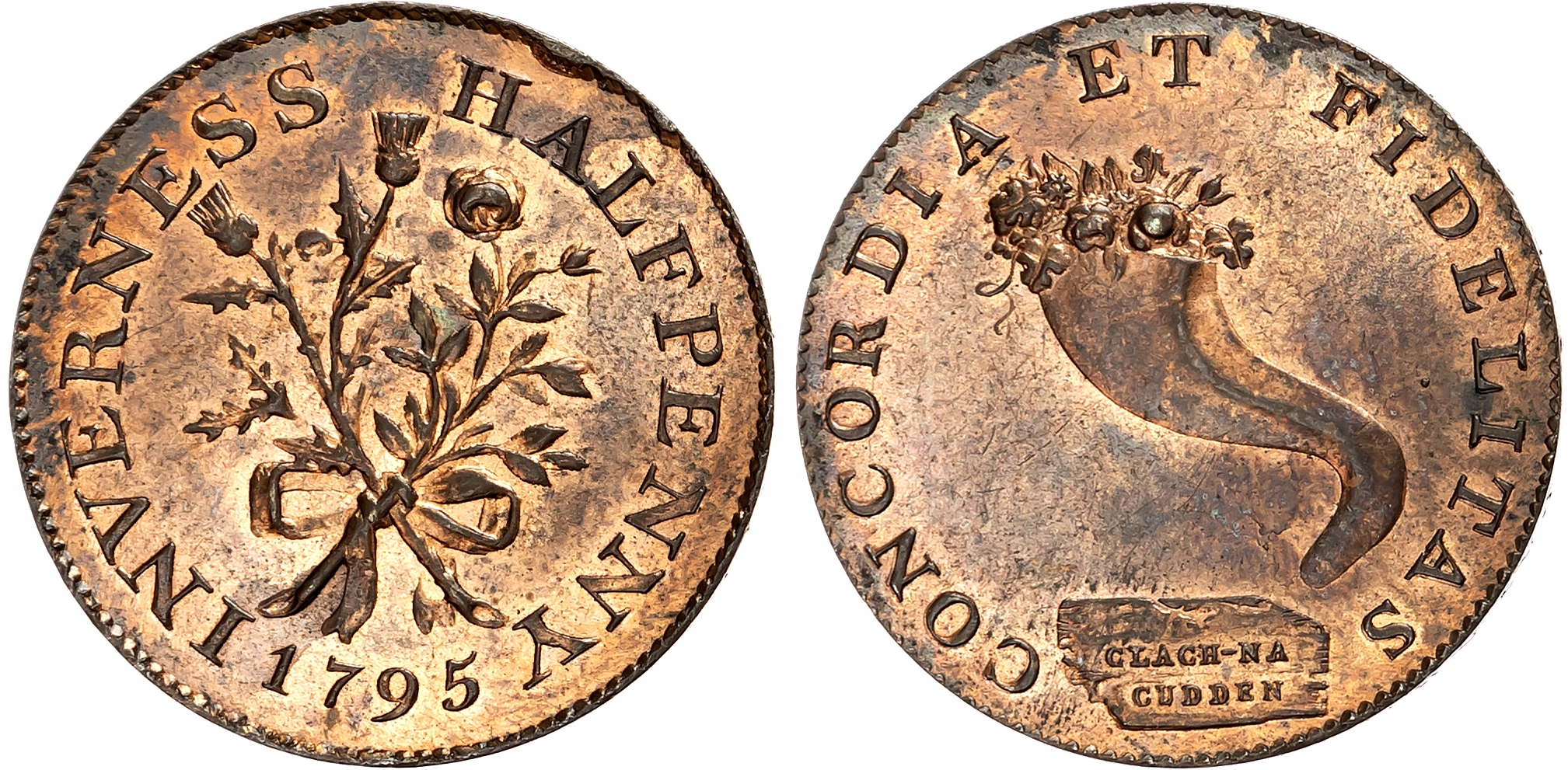 Inver.  Inverness, Mackintosh, Inglis & Wilson (sailcloth and sacking manufacturers) Halfpenny 1795, Cornucopia over the …