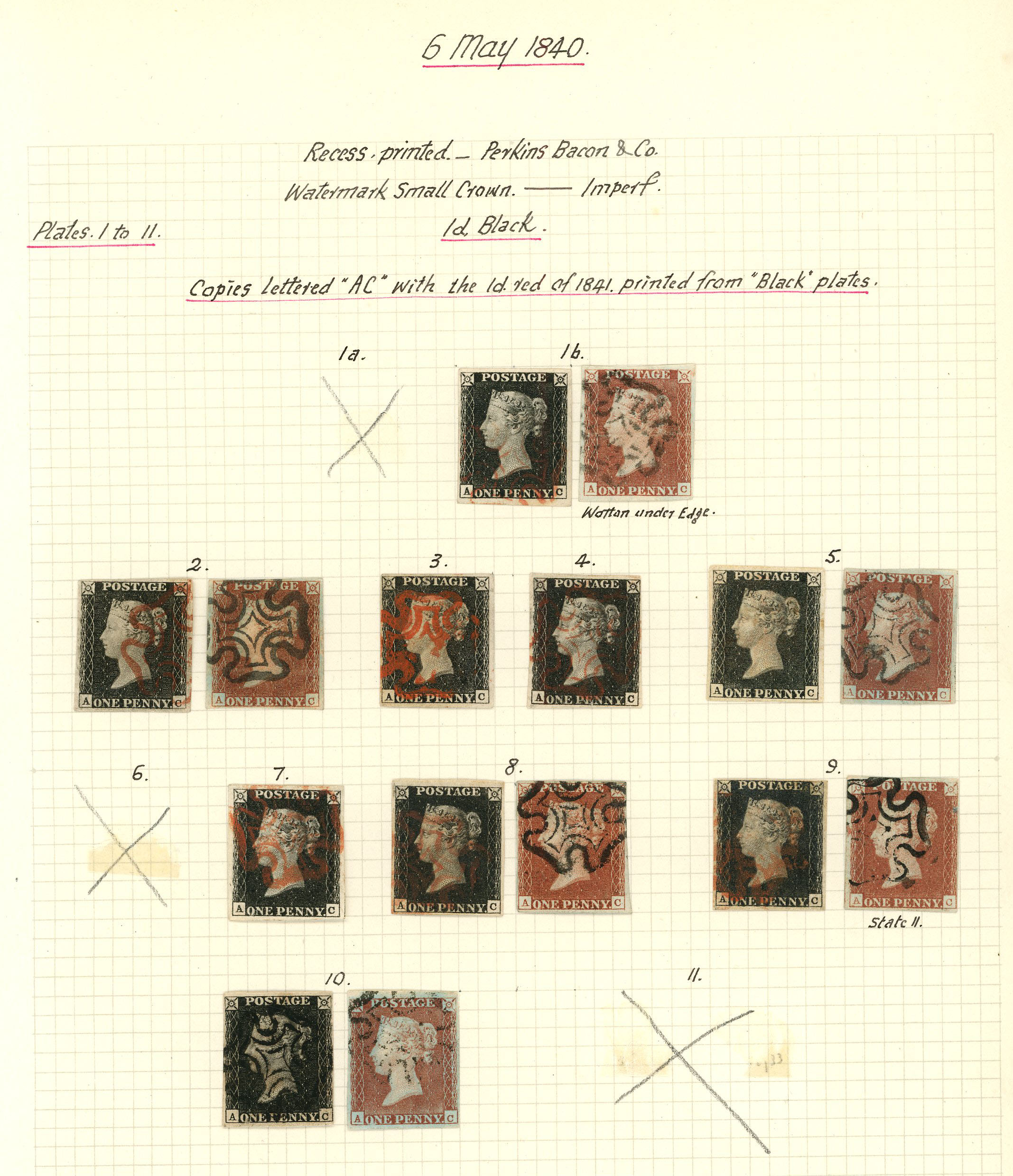 1840-41 Plate range of 1d blacks all lettered AC with matched pairs for Plates...