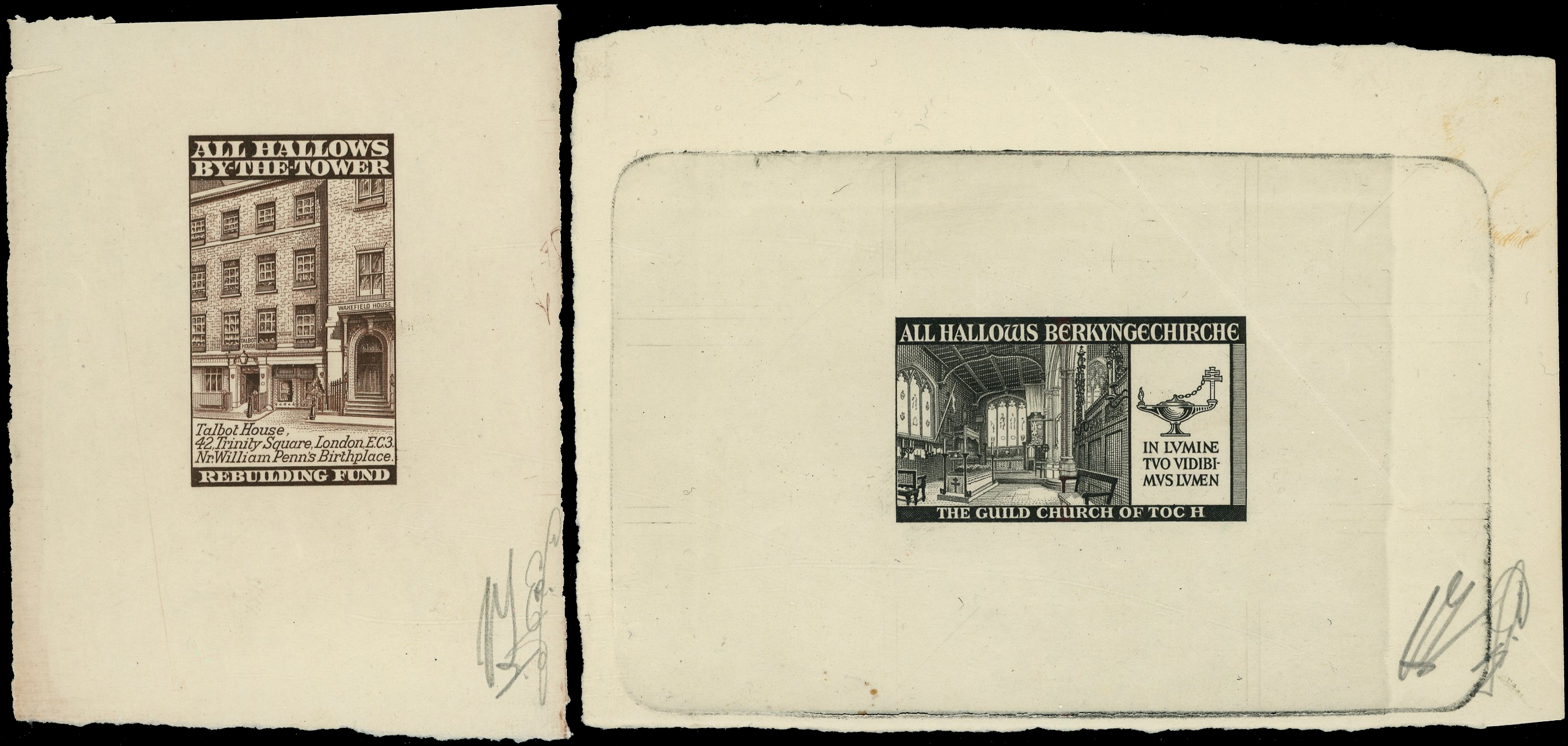 GB 1943 Cinderella - 1943 All Hallows By-The-Tower Rebuilding Fund die proofs