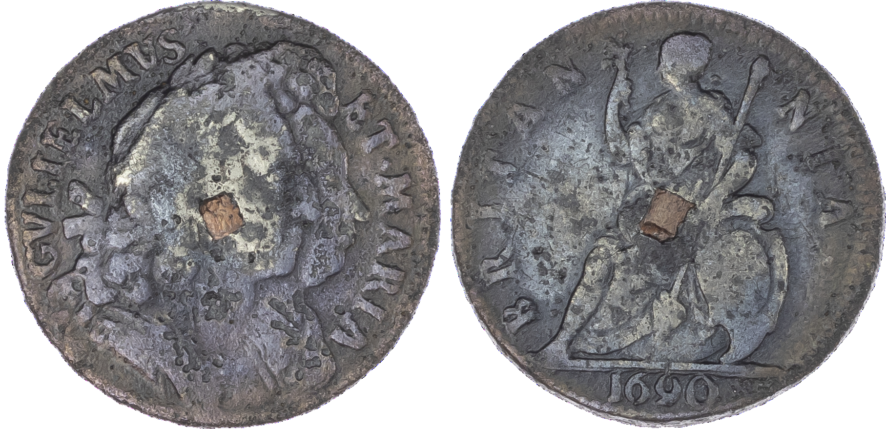 William and Mary (1688-94), 1690, Tin Farthing, large conjoined busts, legend surrounds GVLIELMVS ET MARIA. Rev, coin die