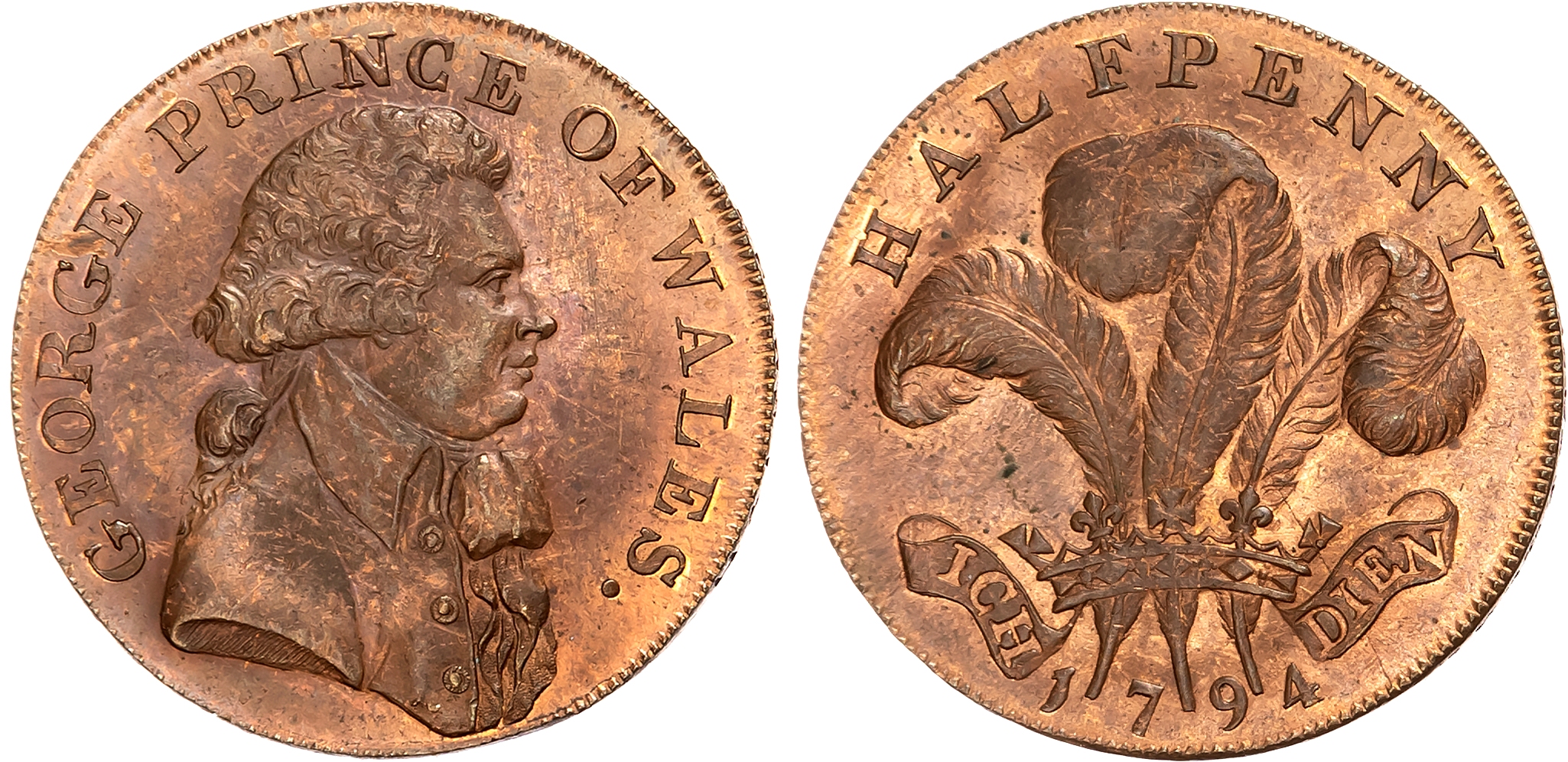 Suss.  Brighton , Lutwyche’s Brighton Camp Halfpenny 1794, Bust right of Prince of Wales, rev. Prince of Wales Plumes, e …