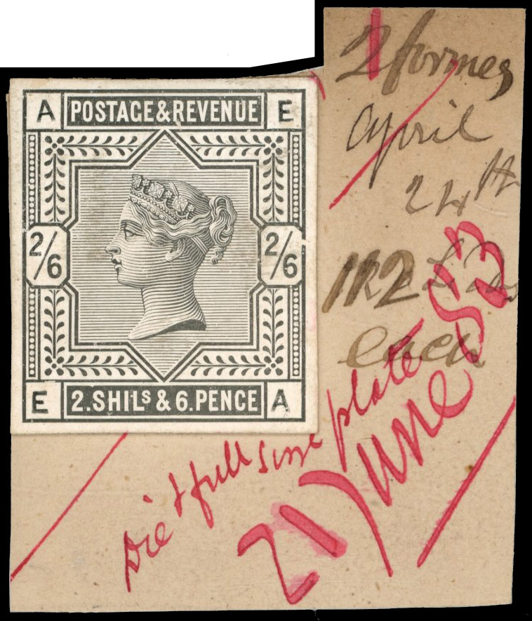 GB 1883-84 2s6d (EA), stamp-sized die proof on DLR striking book piece, For SG 175