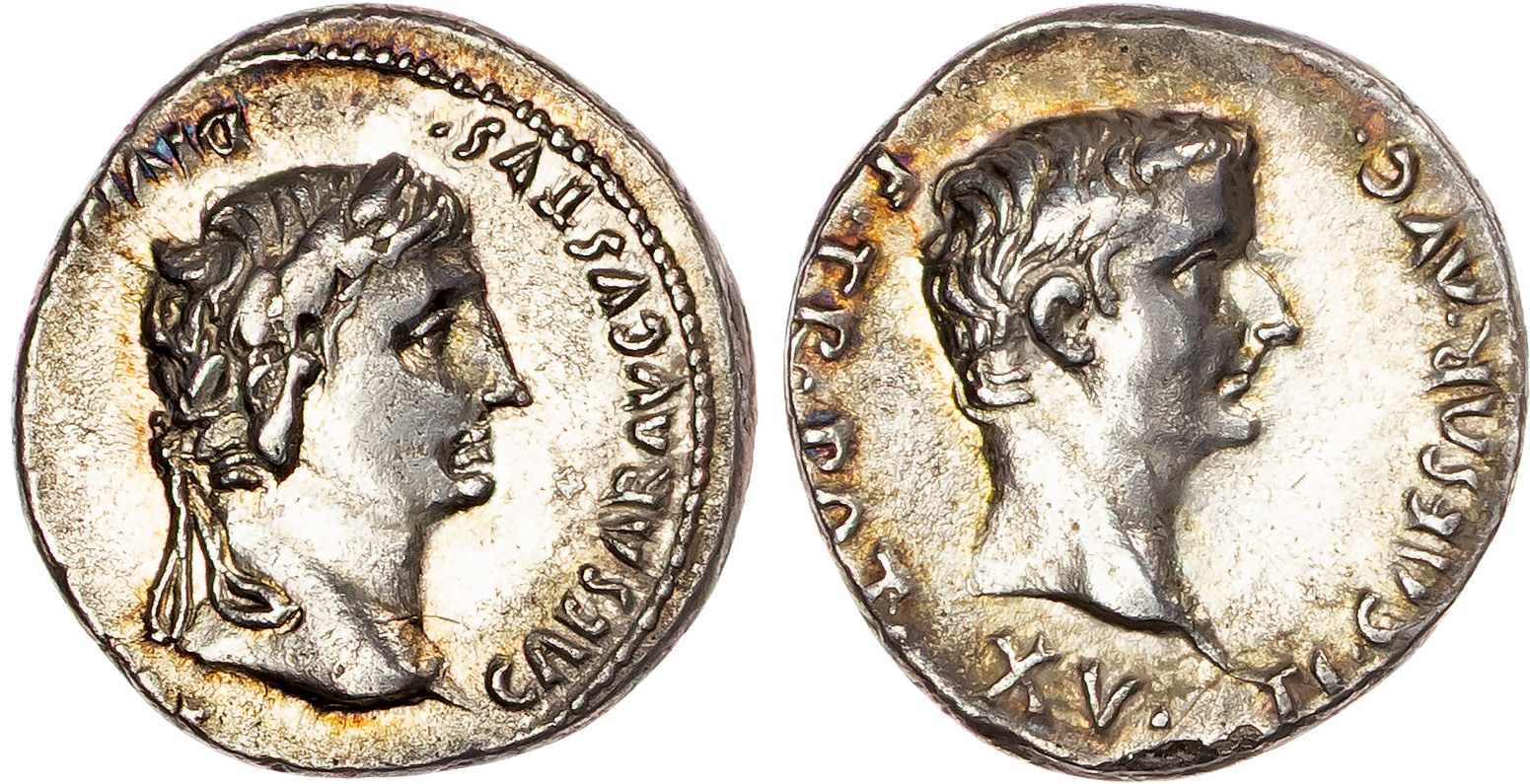 Augustus (27 BC – AD 14) with Tiberius, AR Denarius, Lugdunum, AD 13-14, 3.55g.