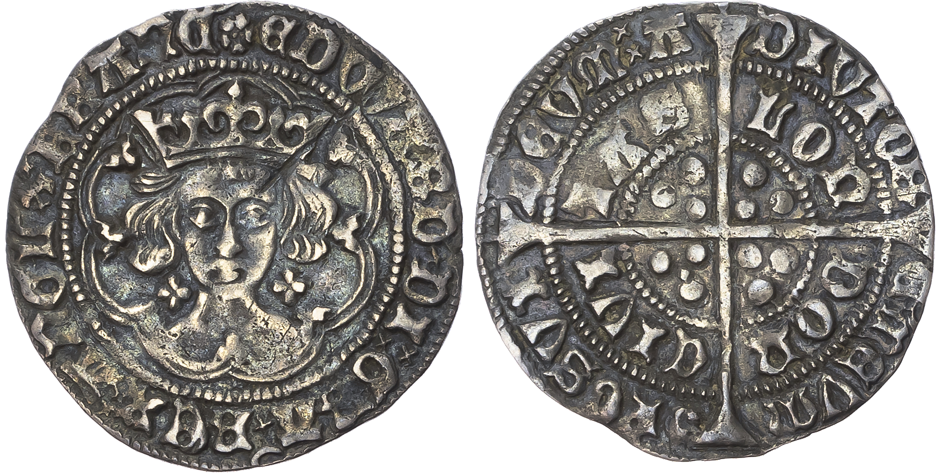 Edward IV (1461-1483) Groat, light coinage, London mint, mintmark rose (1464-65). Crowned facing bust, quatrefoils at ne…