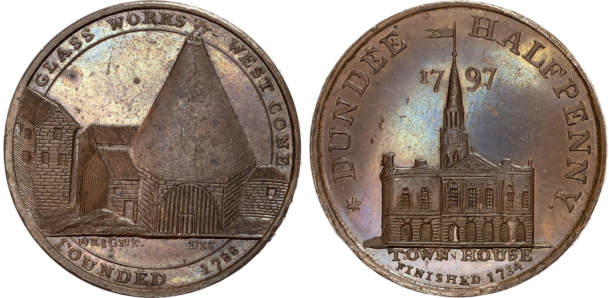 Angus . Dundee , John Pilmer (grocer), Wright’s Halfpenny 1797, View of glassworks and cone, rev. view of town hall, edg …