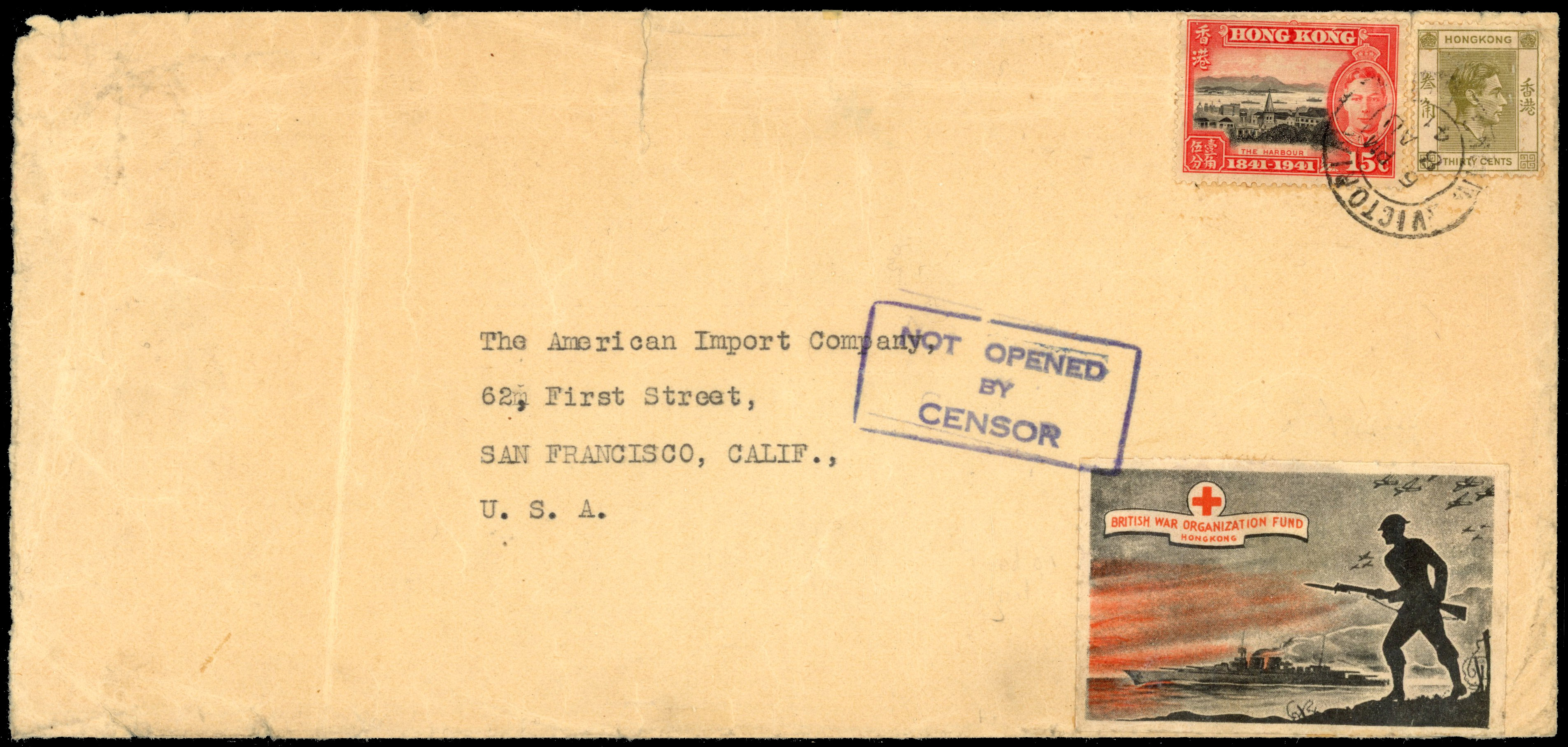 Hong Kong 1941 cover to USA with tied Red Cross label