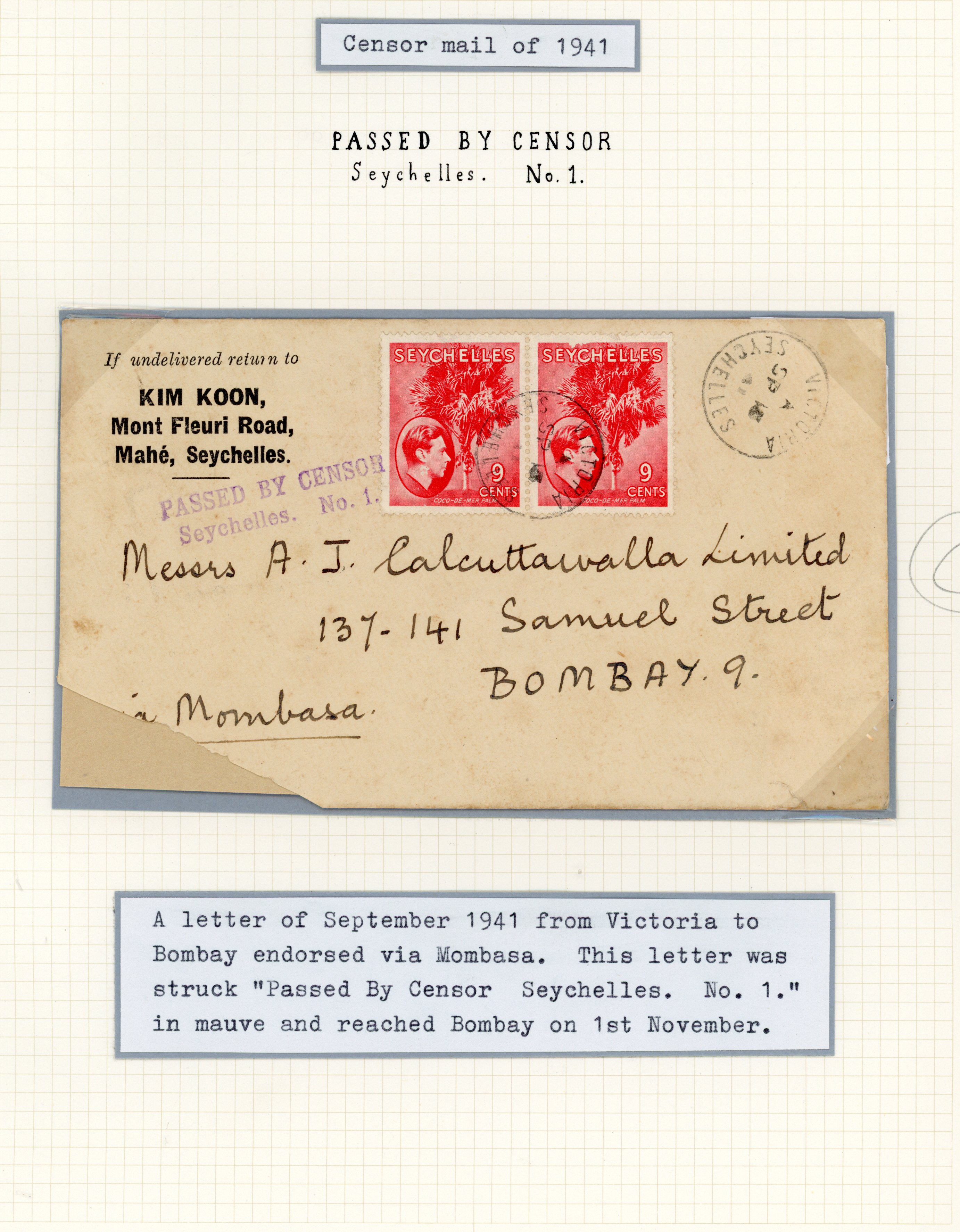 Seychelles 1941 Censor mail