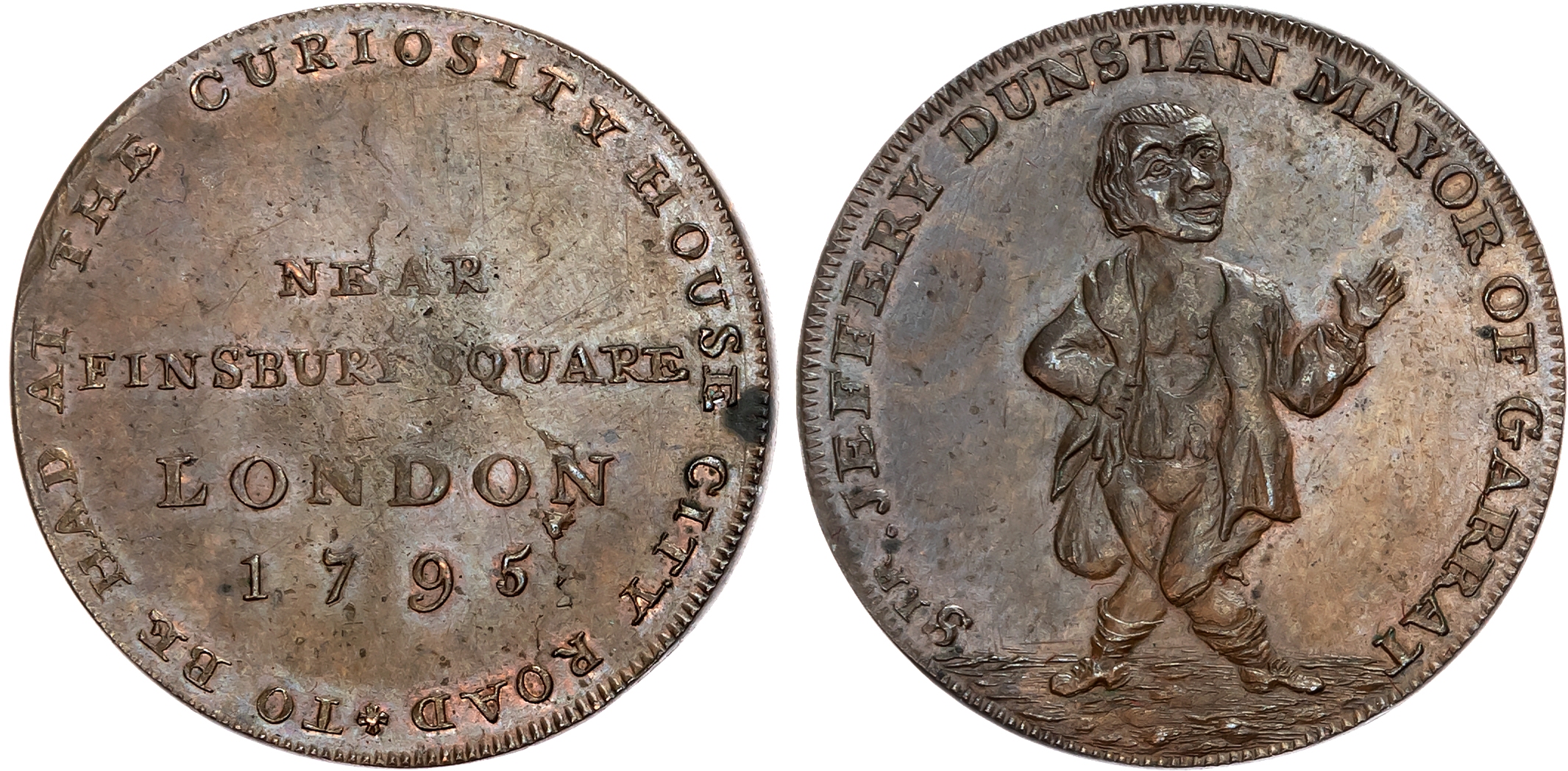 London, City Road , Thomas Hall Halfpenny 1795, Grotesque bare-chested dwarf standing facing, rev . the Finsbury Square …