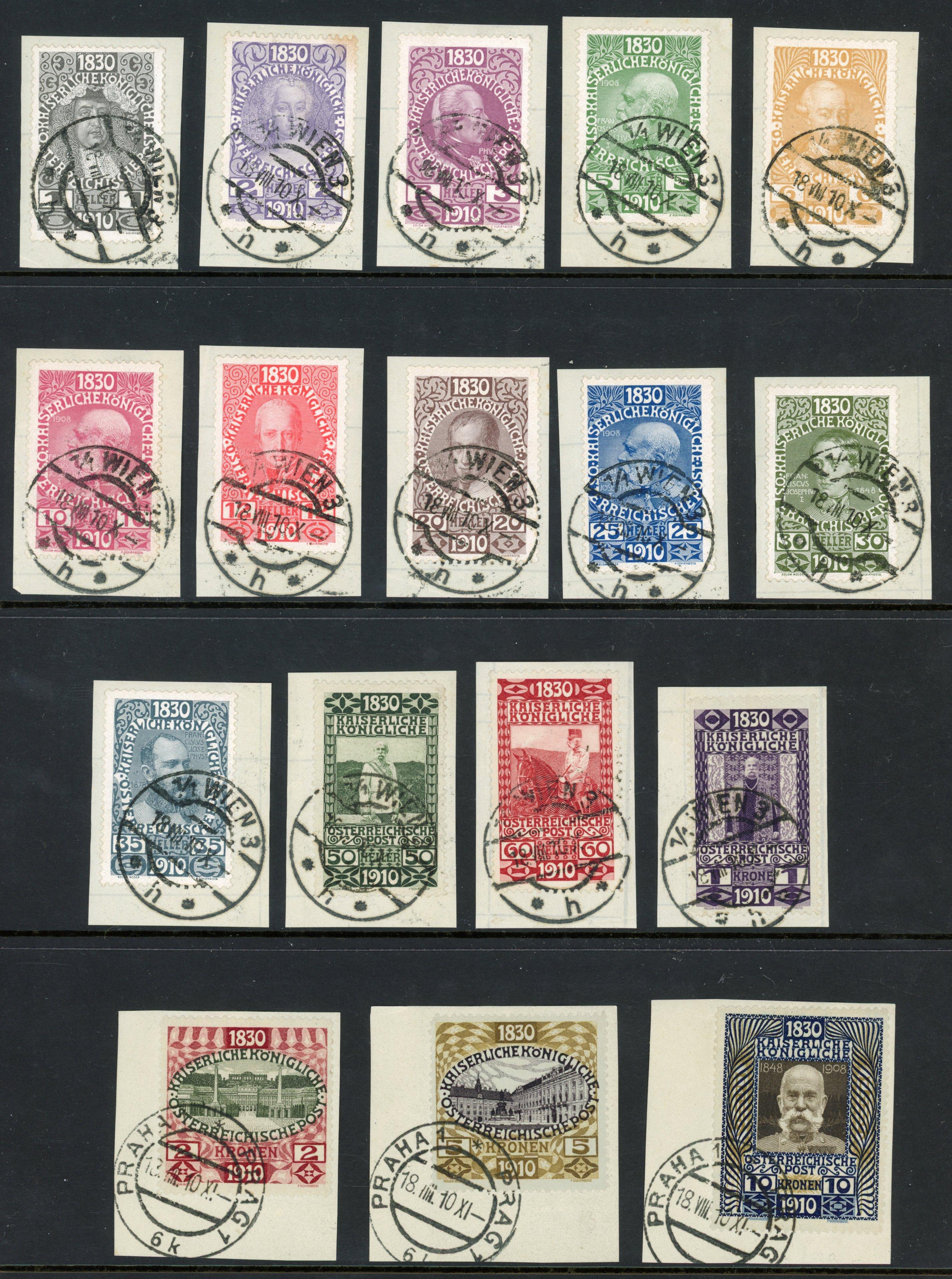 Austria 1910 80th Birthday of Francis Joseph set to 10k used on pieces, SG 223/239