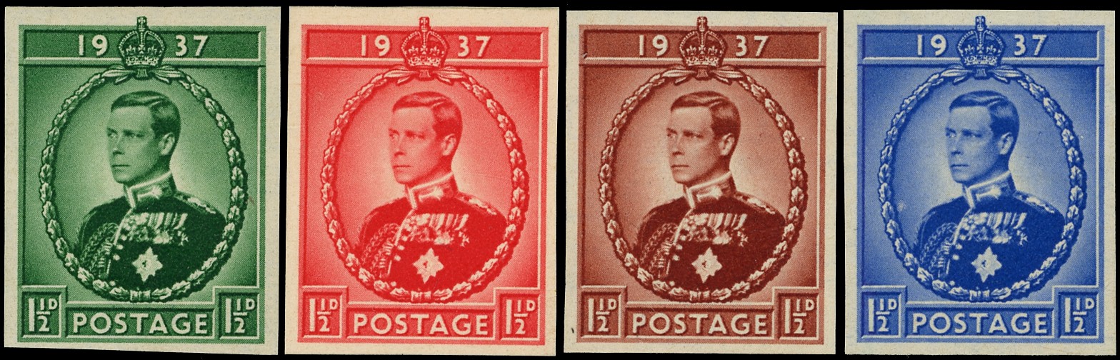 1936 KEVIII Coronation Essays Type H set of four in green, red, brown and blue on gummed E8R wmkd paper