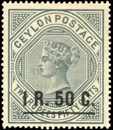 Ceylon 1898-99 1r50 on 2r50 slate with inverted watermark, SG 254w