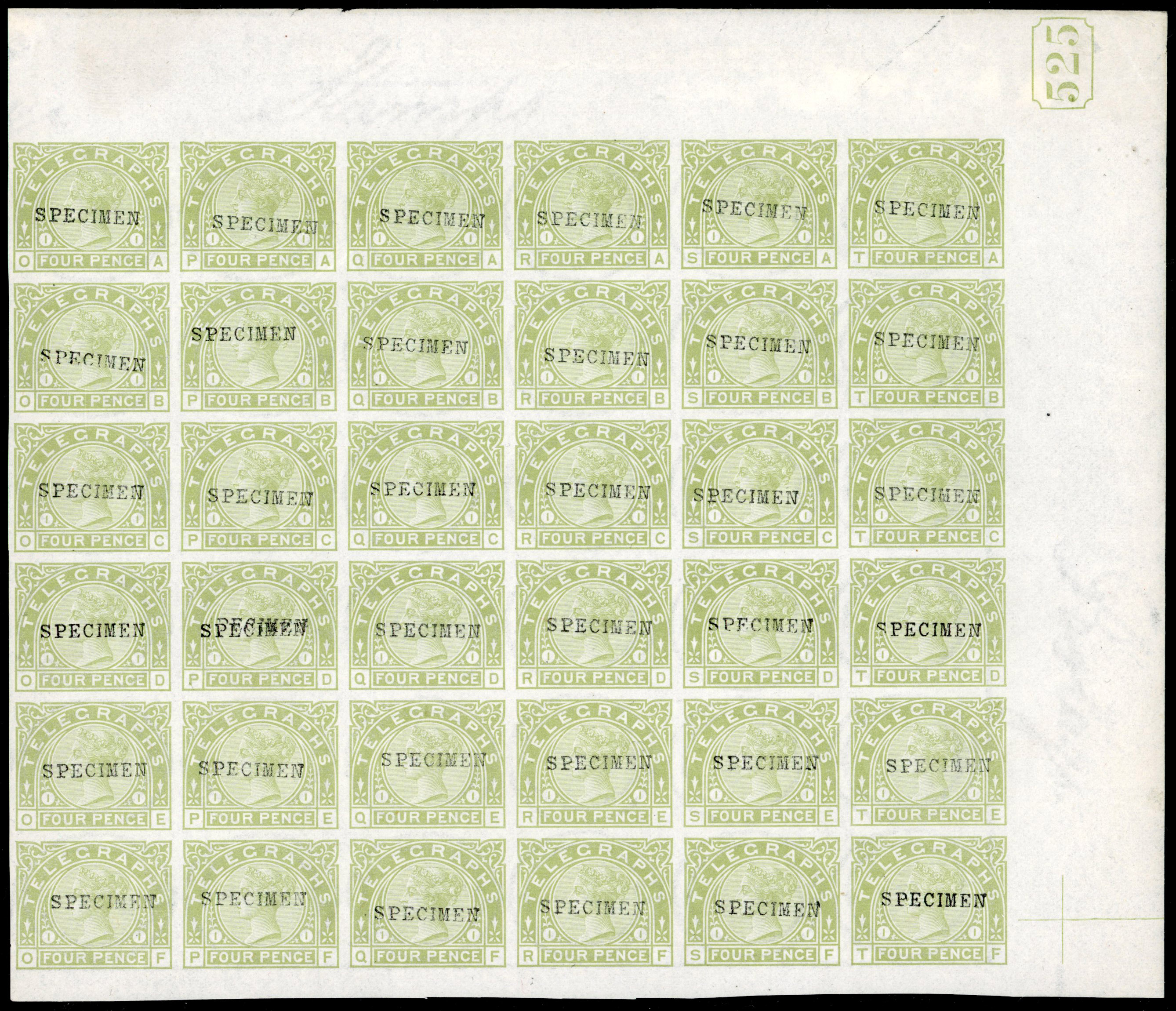 Great Britain SG T5 4d imperf block of 36 optd SPECIMEN