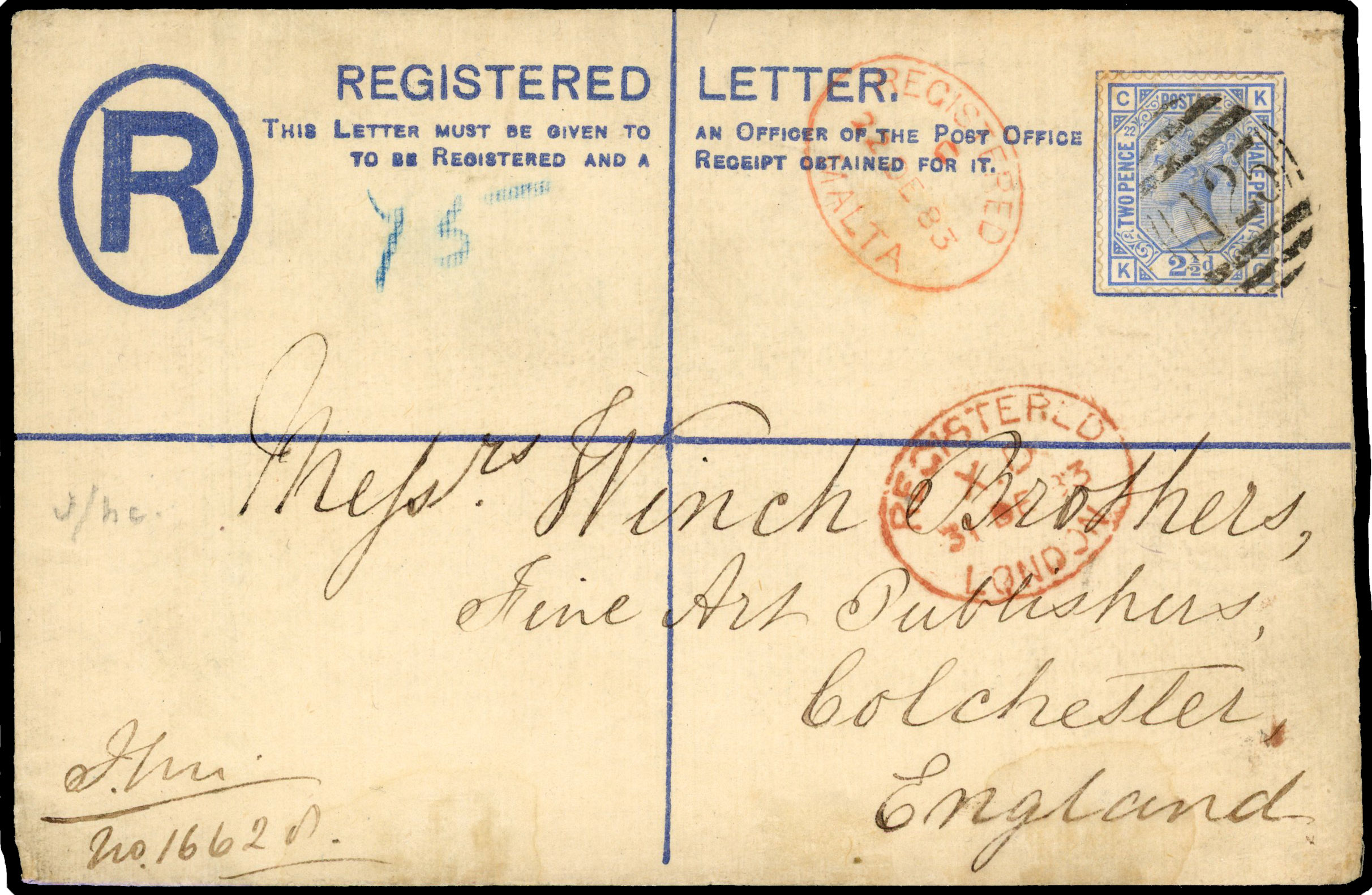 MALTA: 1883 2d registered stationery envelope to UK, up-rated 2½d tied barred ‘A25’ numeral with red oval