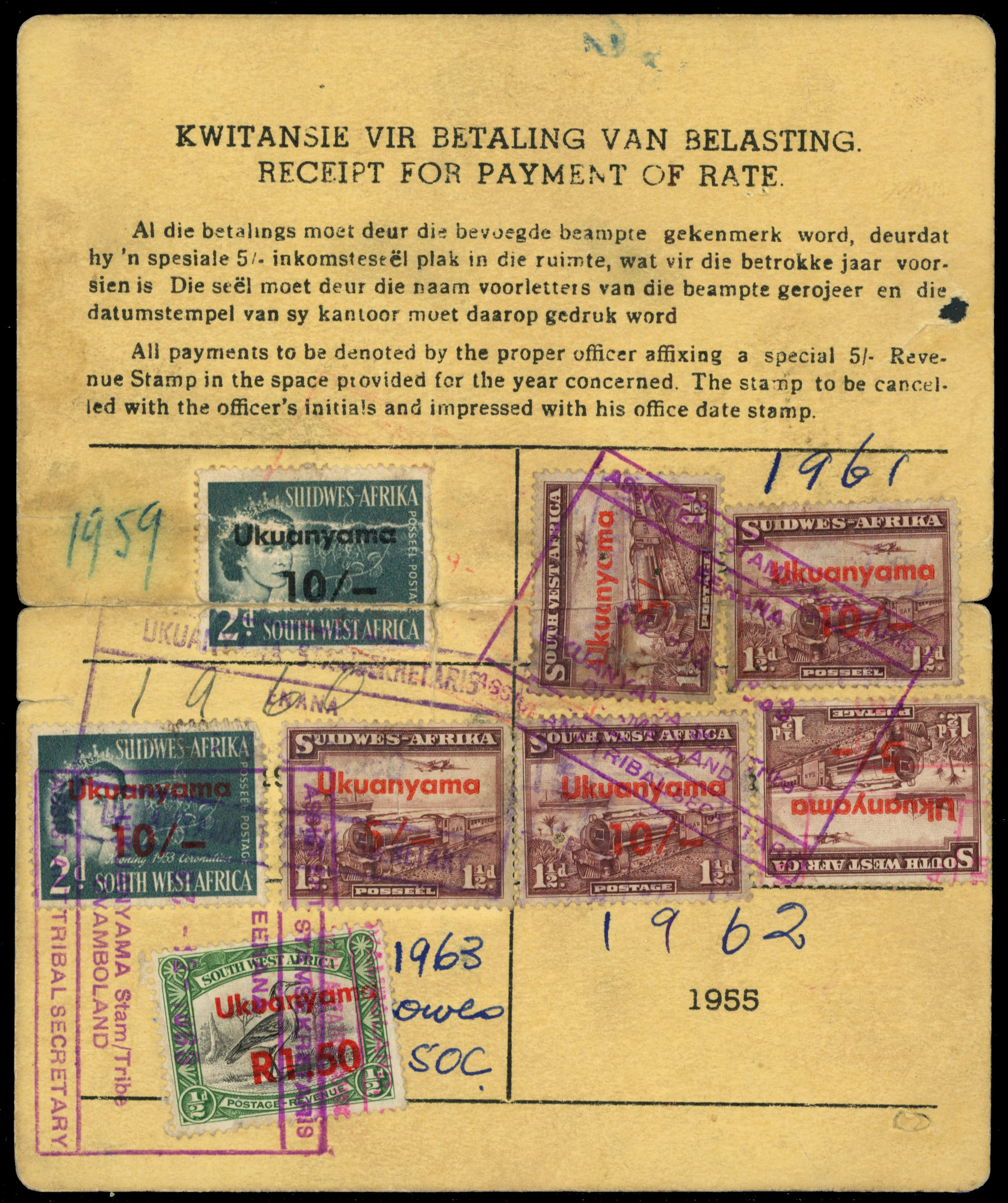 South West Africa. Tribal Taxes; Ukuanyama. A Registration card with payments for 1959-1963