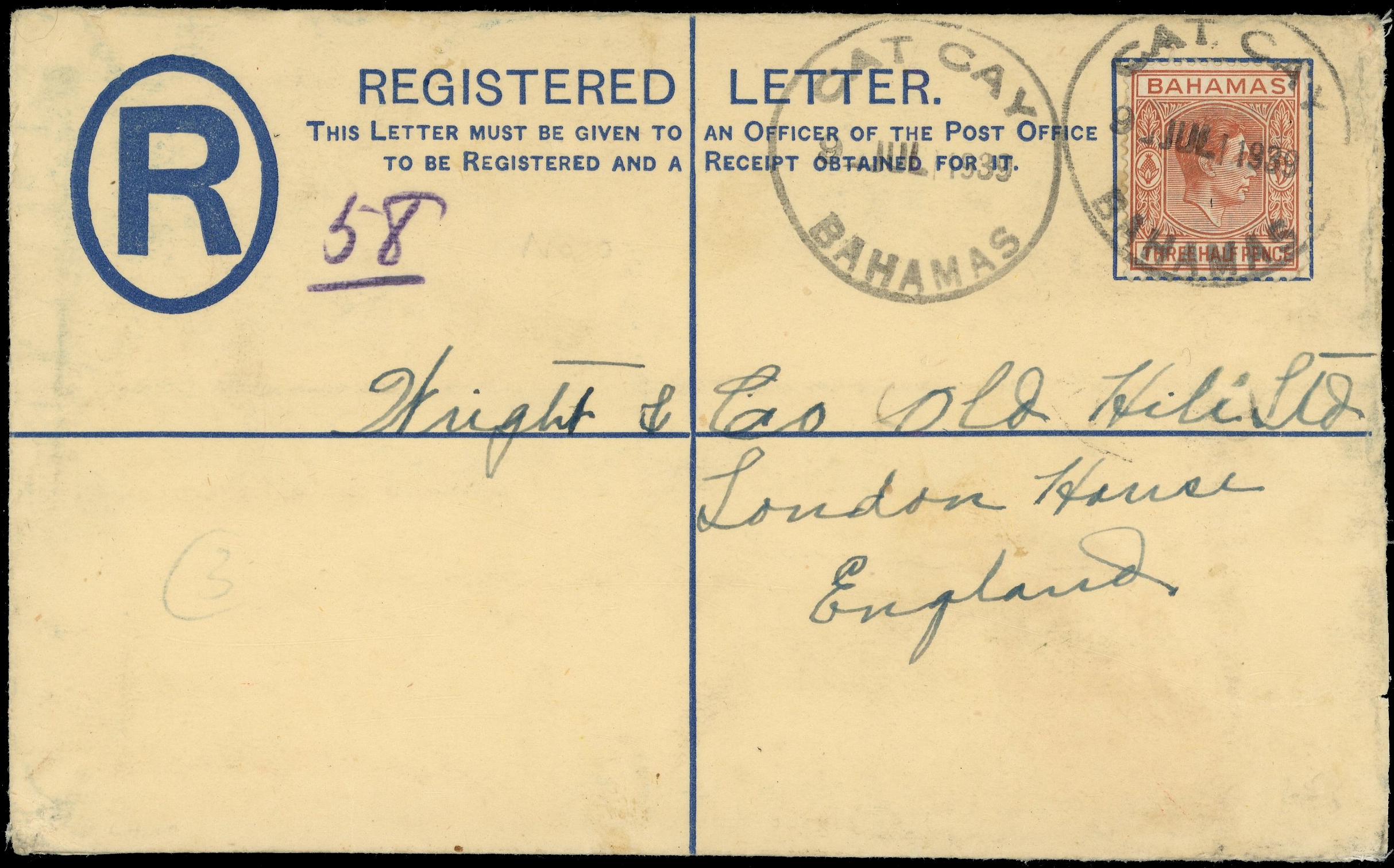 Bahamas 2d registered envelope with Cat Cay cancel
