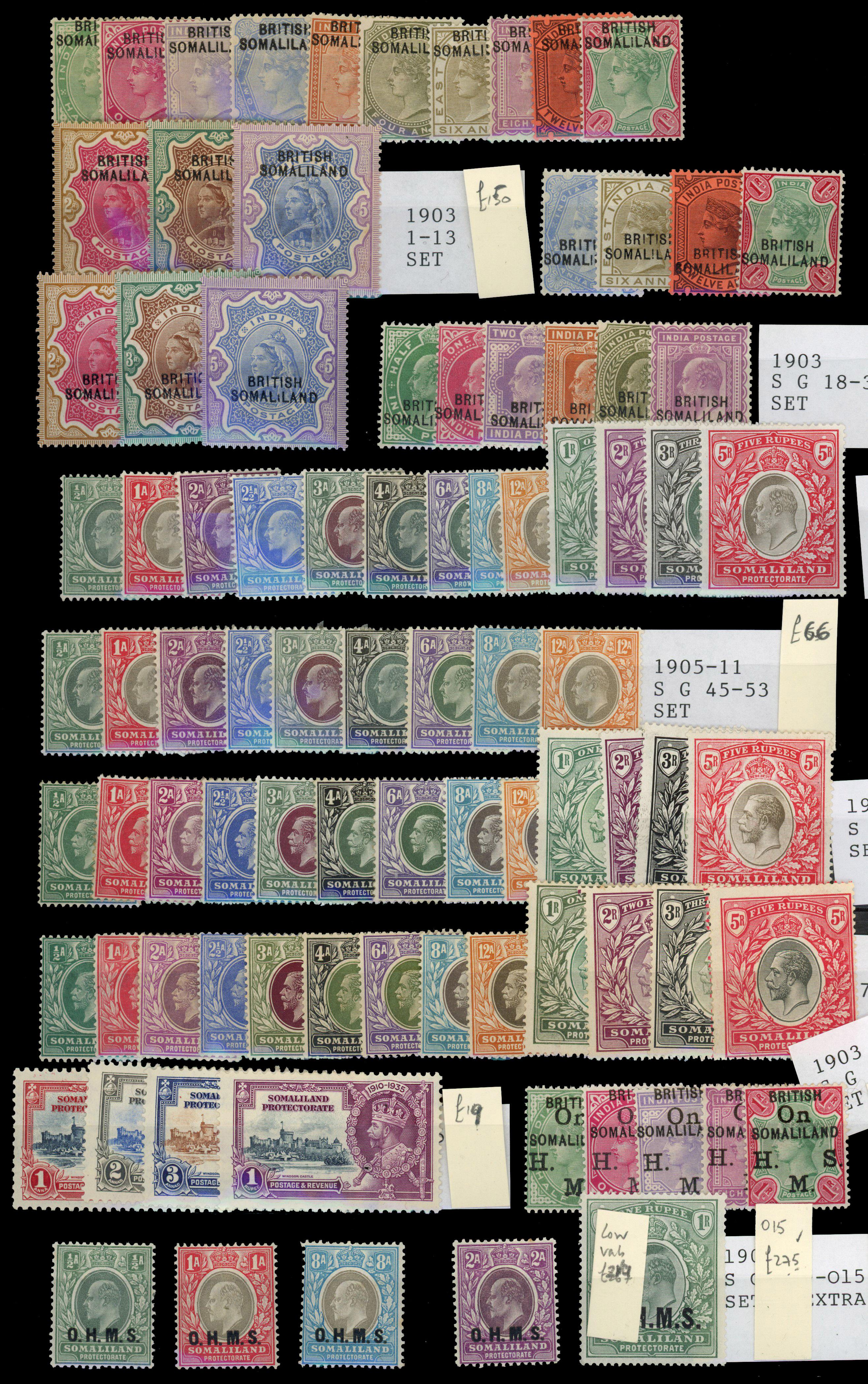 SOMALILAND: Mint on stockcard including 1903 2½a to 5r, 1904 to 5r, 1905 to 12a, 1912 to 5r, 1921 to 5r, 1935 Silver