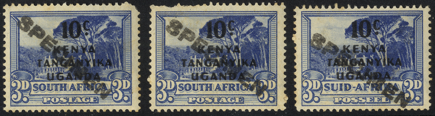 1941 10ct on 3d South Africa three u/m singles (2 English, 1 Afrikaans) each with faults, handstamped SPECIMEN Type K4....