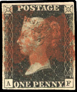 GB: 1840 1d black, Plate 5, (AF) four margins, smudged red MC SG 2