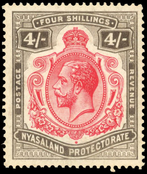 Nyasaland SG 95h 1913-21 4/- 'bullet holes' flaw mint