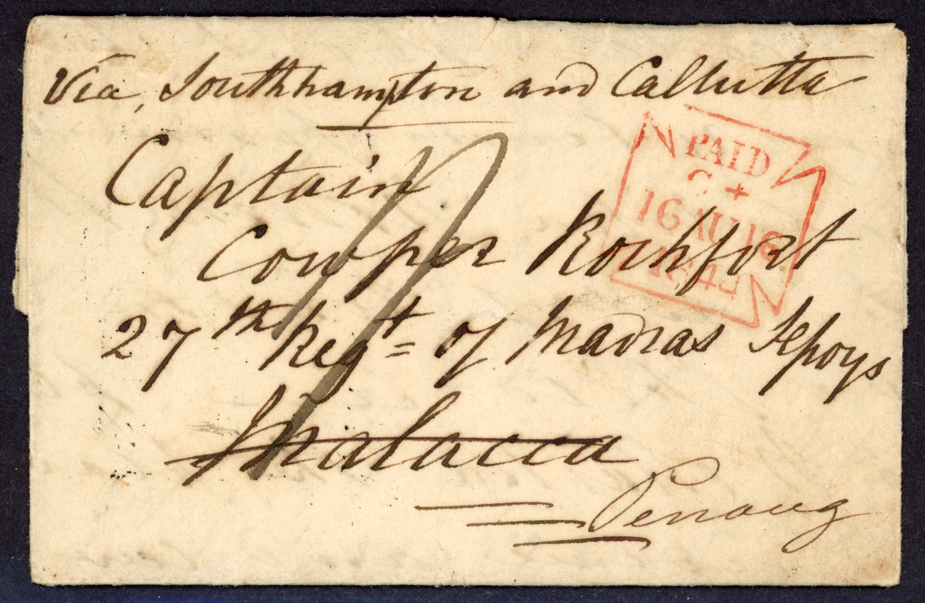 Straits Settlements 1844 incoming entire from London with SINGAPORE SHIP LETTER Bearing datestamp