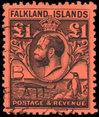 Falkland Is SG 126 1929 £1 Whale & Penguin used
