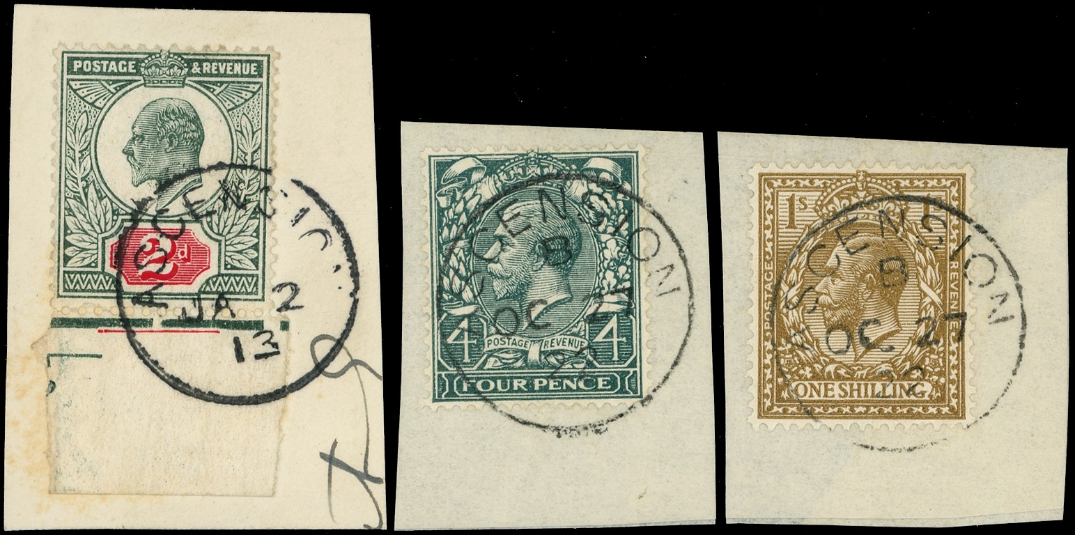 ASCENSION: 1902 2d green and carmine, 1913 4d grey-green and 1913 1s bistre each tied to a...
