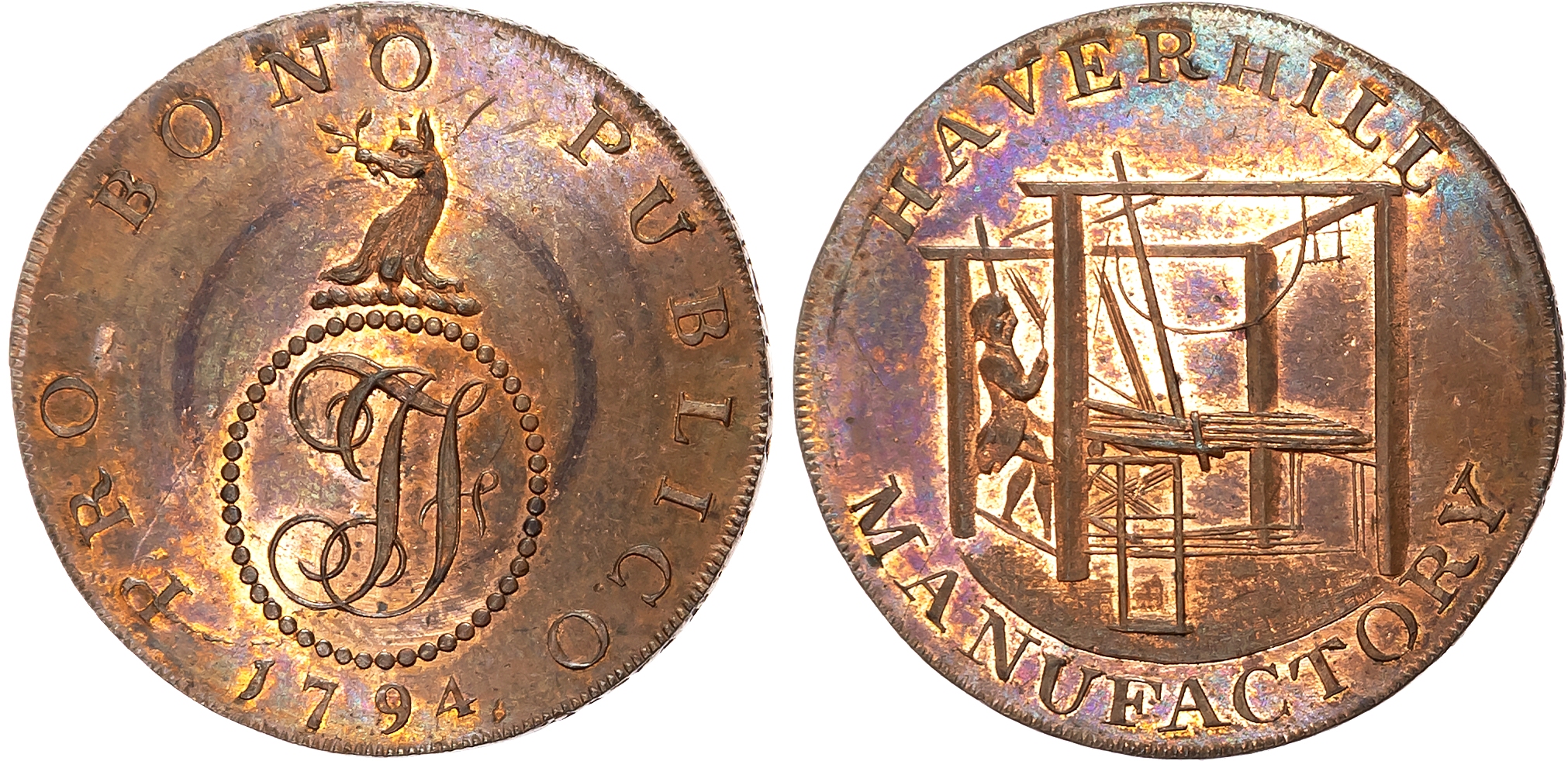 Suff.  Haverhill , John Fincham, (general store owner) Halfpenny 1794, Weaver in a box loom, rev. Crest on cypher, edge  …