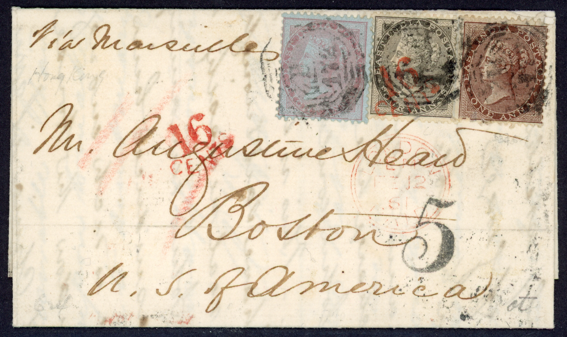 Straits Settlements SG Z69, Z71, Z76 1860 entire from Hong Kong to USA via Singapore