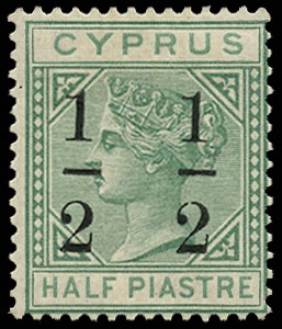 1886 (Apr) "½" on ½pi emerald-green, wmk CA,...