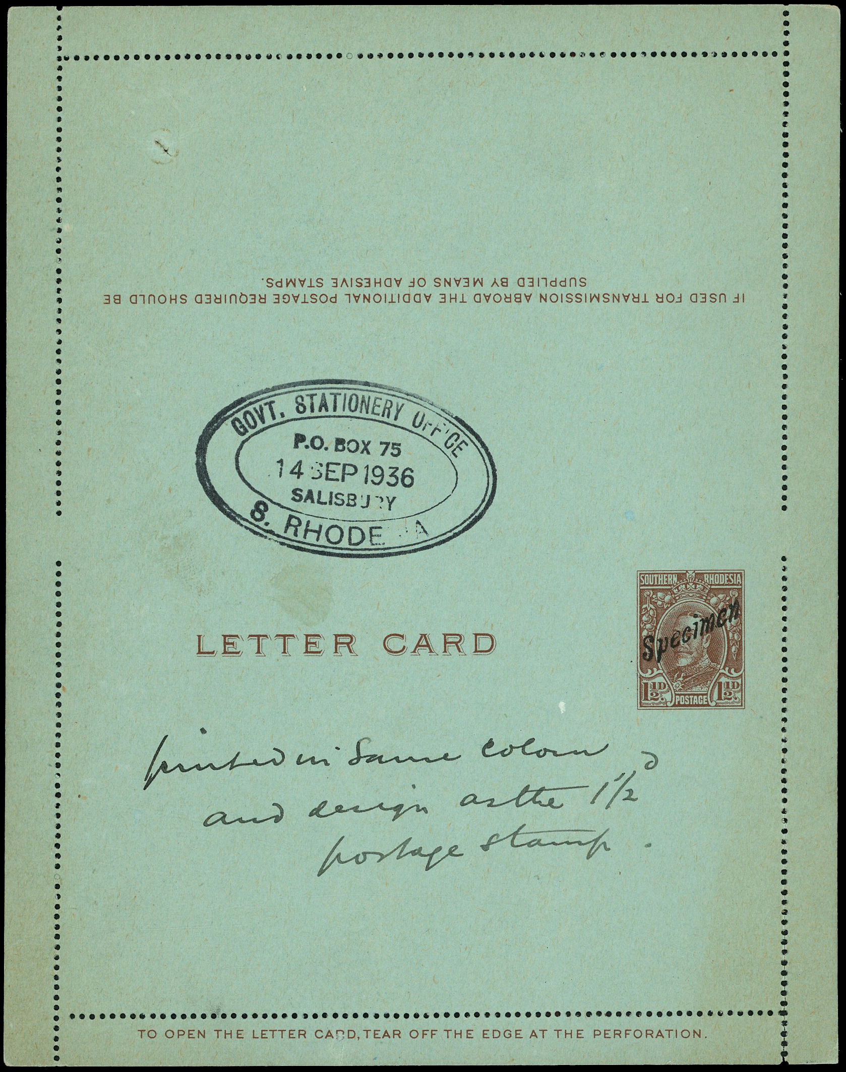 Postal Stationery 1931 Field Marshall unissued 1½d brown/blue letter card with local Specimen h/s