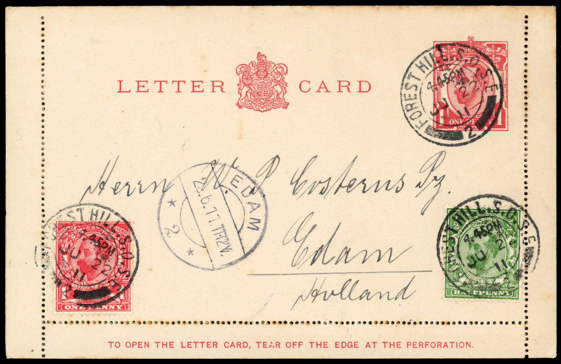 1911 1d Lettercard. Very fine lettercard sent from London to Edam uprated FDC