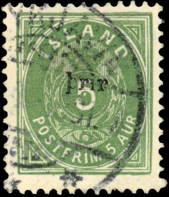 Iceland 1897 small black 'prir' word only overprint on 5a green used