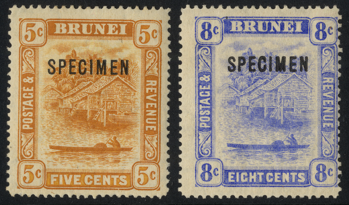 1916 5ct orange and 8ct ultramarine overprinted SPECIMEN Type D12a, the 8ct centred right. SG 49s, 50s, cat...