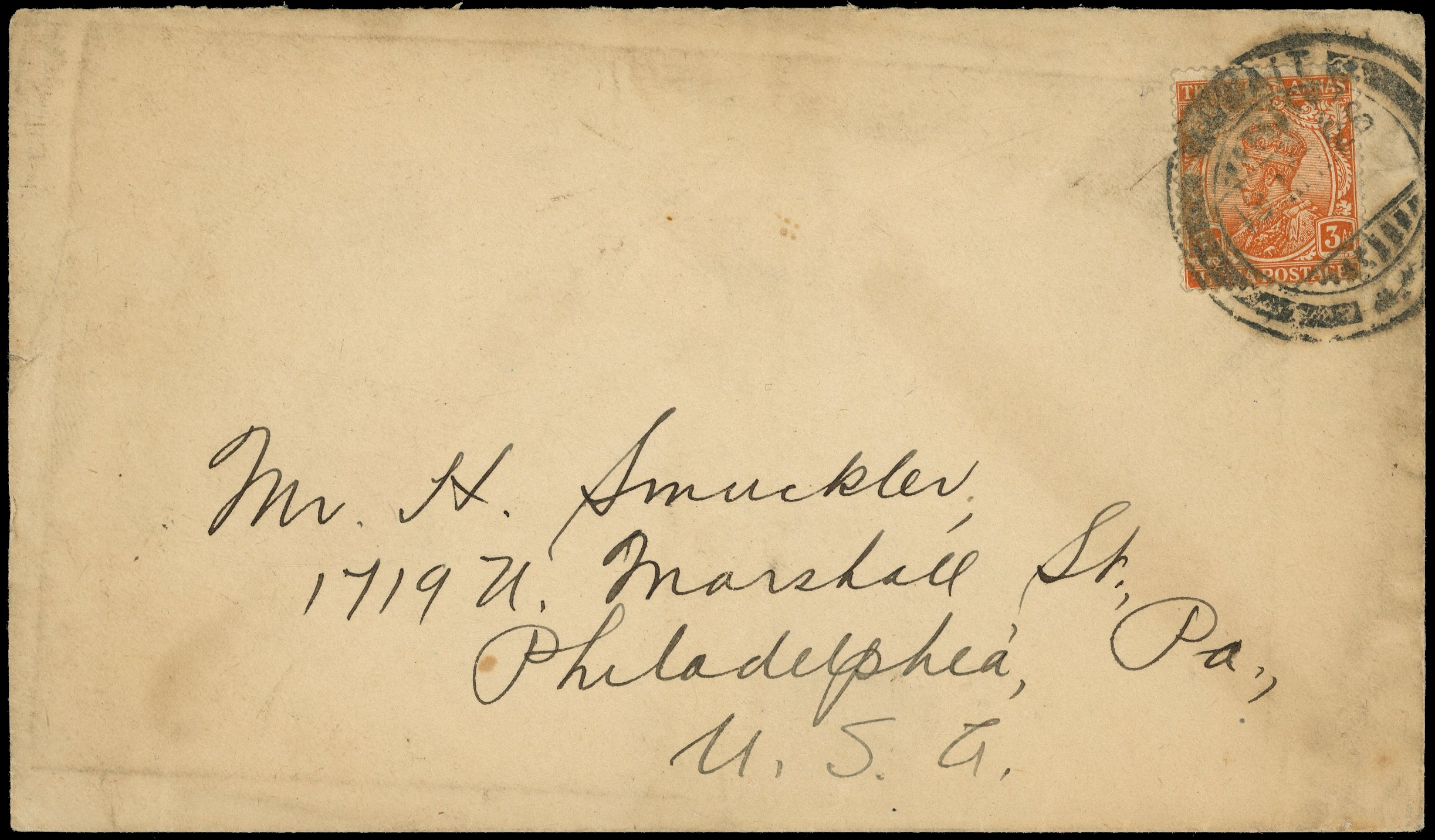 KUWAIT: POSTAL HISTORY: 1926 cover to USA bearing 3a dull orange tied indistinct Kuwait cgs.