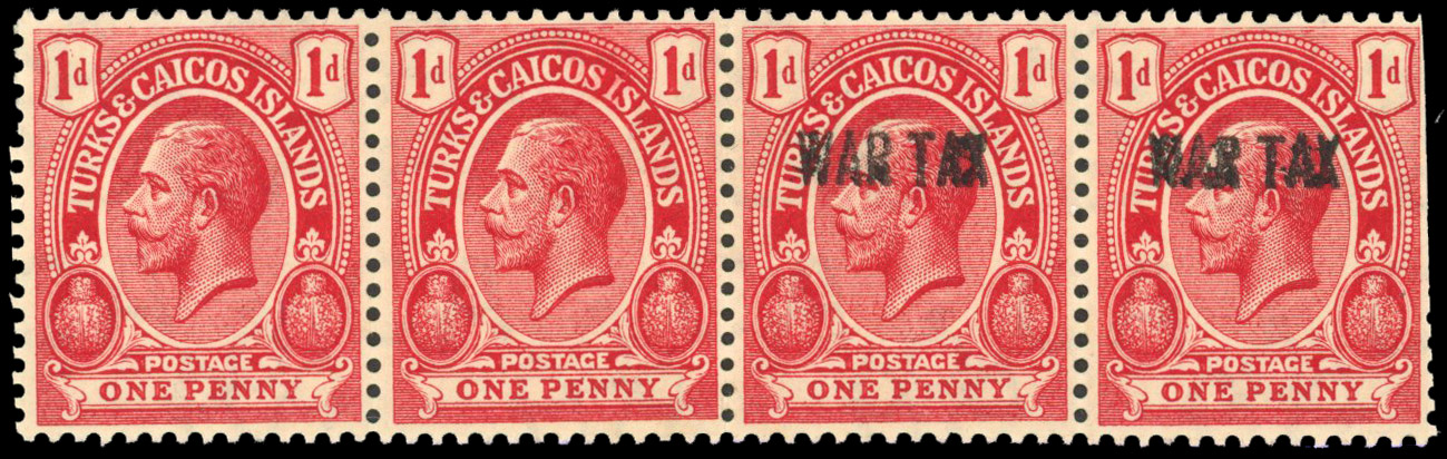 Turks and Caicos 1917 War Tax 1d error overprint omitted in pair with normal