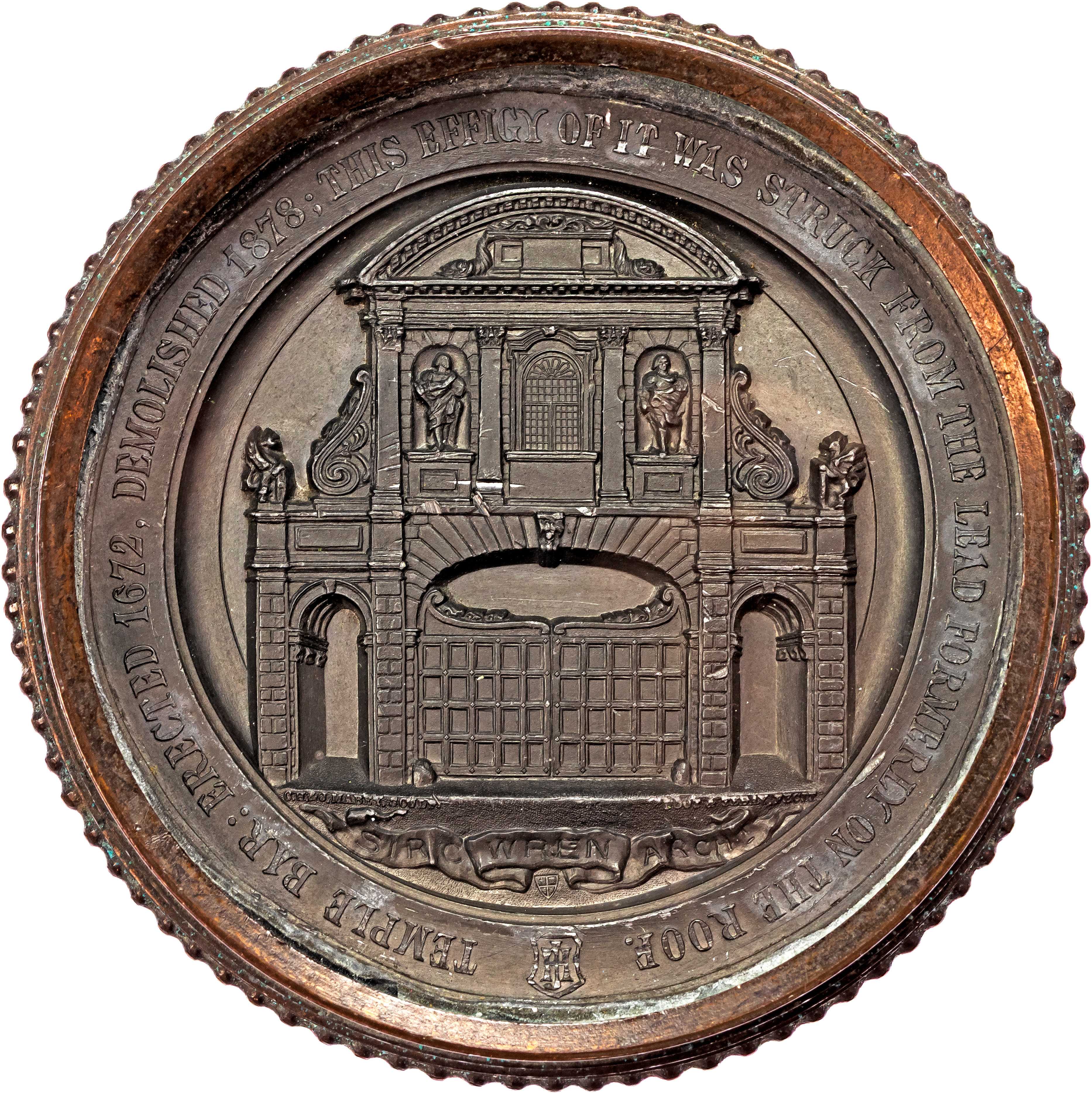 Victoria (1837-1901), The Removal of Temple Bar from the City of London 1878, Lead uniface glazed medal.