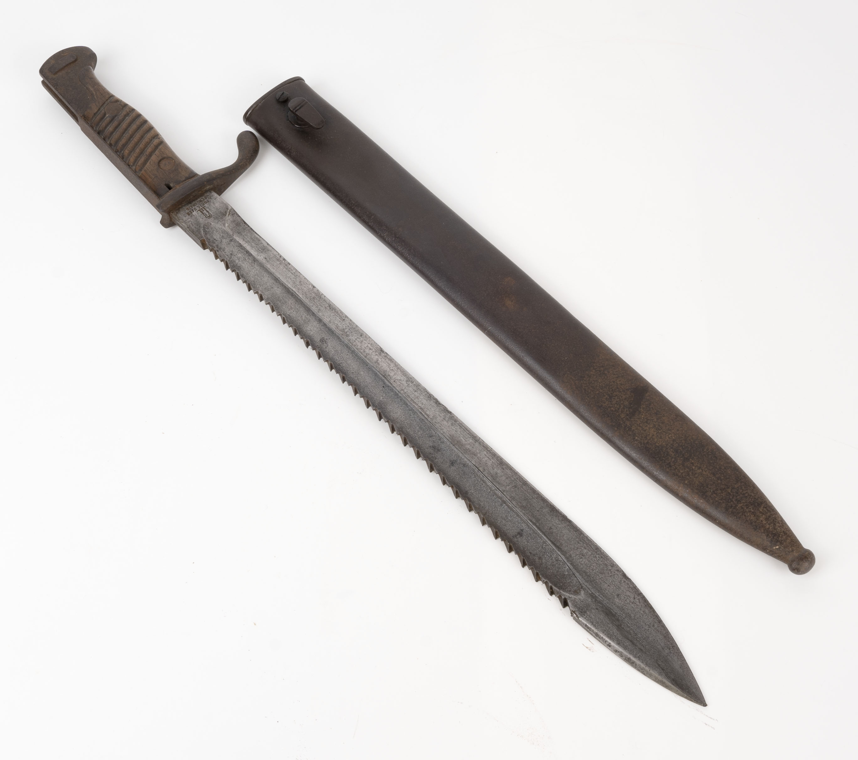 German Mauser Sawback Blade Bayonet, wooden handle and metal scabbard