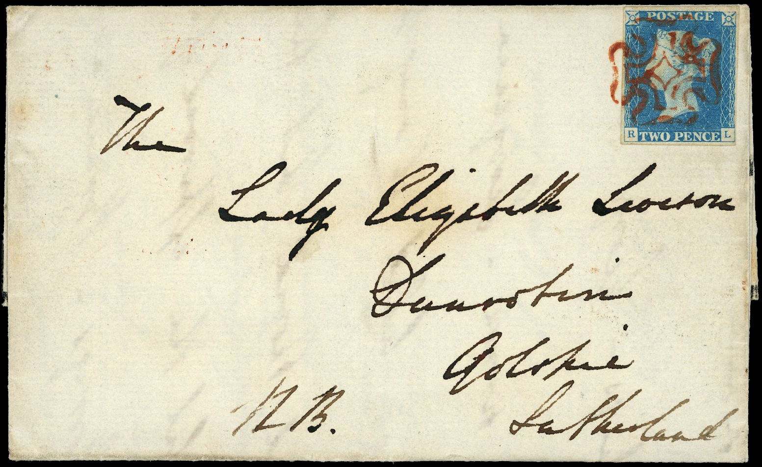 1841 2d Pale Blue Pl.1. Entire red MC (RL).