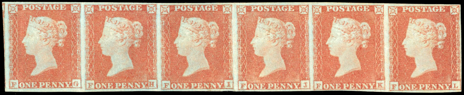 Great Britain 1841 1d Pale red brown Pl.126 strip of six, SG 9 mint