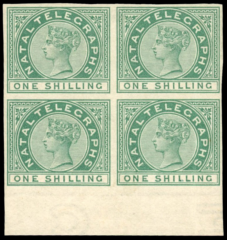 Natal SG T4 Telegraph 1881 1s imperforate proof block
