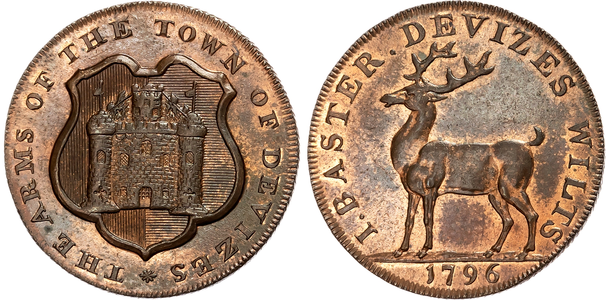 Wilts. Devizes , Joseph Baster (breeches and glove maker) Halfpenny 1796, Arms of Devizes , rev. Stag standing left, edg …