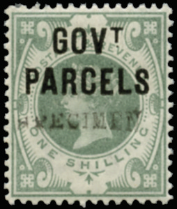 SGO68s 1890 1s Dull green (Govt. Parcels) "SPECIMEN"